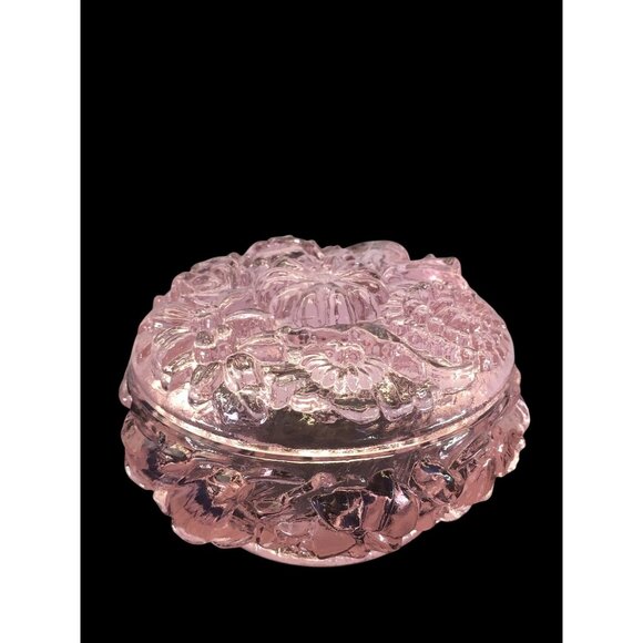 Vintage Fenton Art Glass Powder Jar Trinket Box with Lid Transparent Pink Floral - Picture 2 of 16
